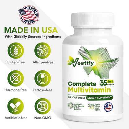 Complete Multivitamin 35‑in‑1 – High‑Potency Daily Vitamins & Minerals with Antioxidants (A, B‑Complex, C, D, E), Magnesium, Zinc & Green‑Tea Detox Formula for Women & Men – 60 Veggie Capsules