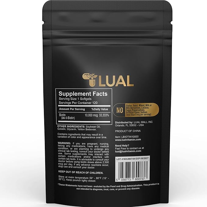LUAL Biotin 10,000 mcg Hair Skin and Nails Biotin Hair/Skin/Nail Health 10,000 mg - 120 SoftGels