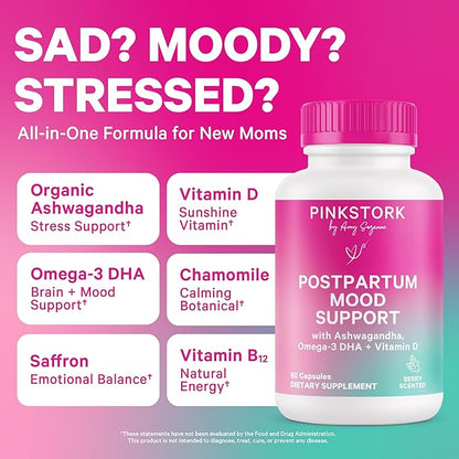 Pink Stork Postpartum Mood Support - Postnatal Hormone Balance for Women - Breastfeeding Friendly - Stress & Cognitive Support, New Mom Essentials - Ashwagandha, Chamomile, & Vitamin D, 60 Capsules