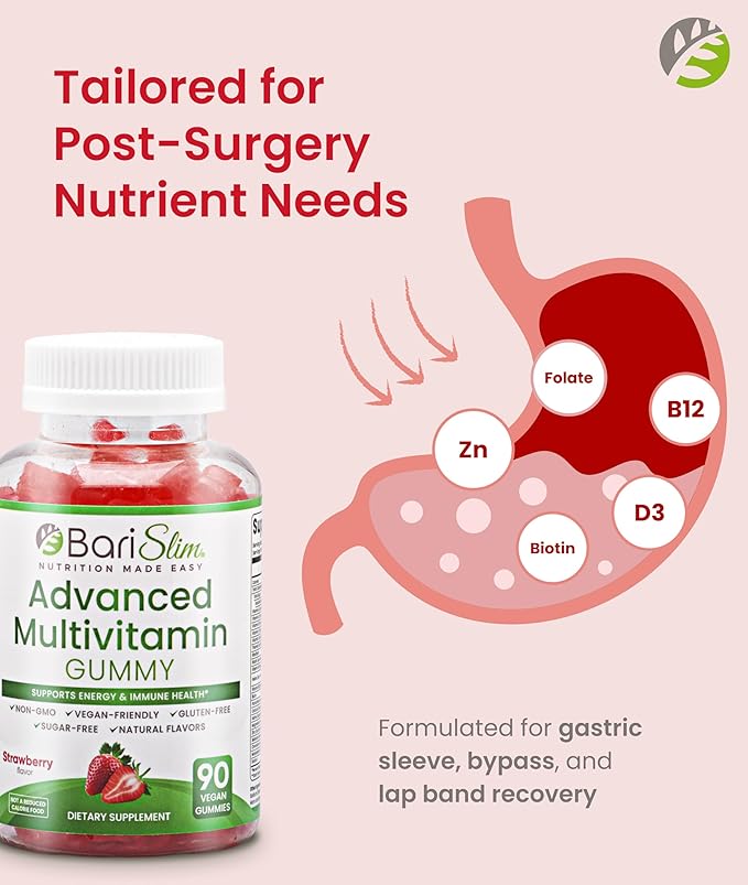 BariSlim Advanced Bariatric Multivitamin Gummies - Specially Formulated Bariatric Vitamins for Patients After Weight Loss Surgery - Supports Energy & Immune Health | Strawberry (90 Vegan Gummies)