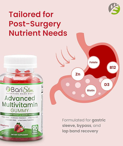 BariSlim Advanced Bariatric Multivitamin Gummies - Specially Formulated Bariatric Vitamins for Patients After Weight Loss Surgery - Supports Energy & Immune Health | Strawberry (90 Vegan Gummies)