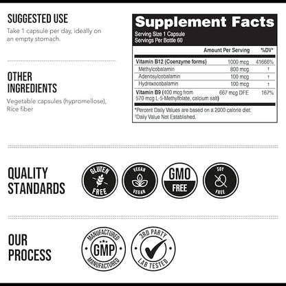 BioActive Vitamin B12 1000 mcg | All 3 BioActive Forms B12 Plus Methylfolate Cofactor - Methyl B12, Adenosyl B12 & Hydroxy B12 | Supports Energy, B12 Levels & Mood | Vegan, Non-GMO (60 Servings)