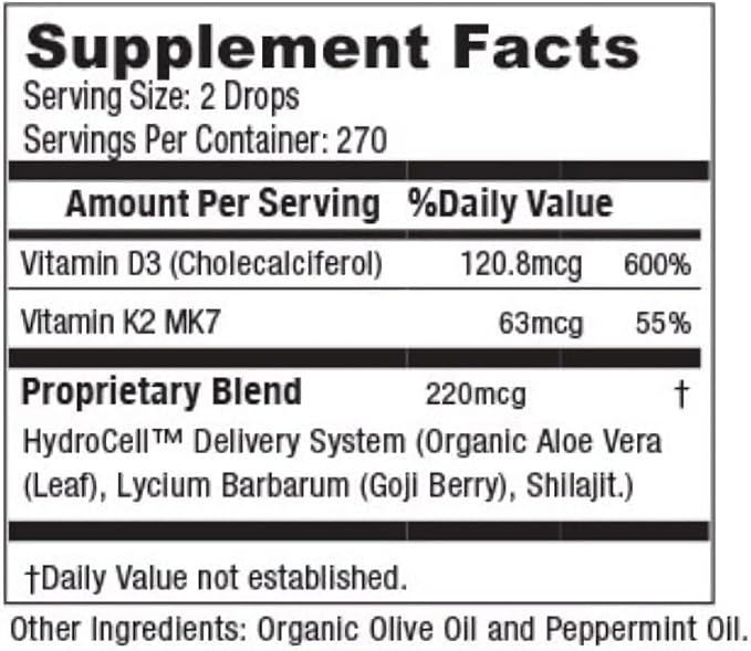 Herbal Nutrition Organic Vitamin D3 K2 Drops – 5000 IU D3 + 63mcg MK7 K2 – 270 Servings, Vegan, Liquid Supplement Superior Delivery – Bone, Heart, Immune & Mood Support – Peppermint Flavor