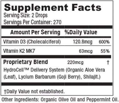 Herbal Nutrition Organic Vitamin D3 K2 Drops – 5000 IU D3 + 63mcg MK7 K2 – 270 Servings, Vegan, Liquid Supplement Superior Delivery – Bone, Heart, Immune & Mood Support – Peppermint Flavor