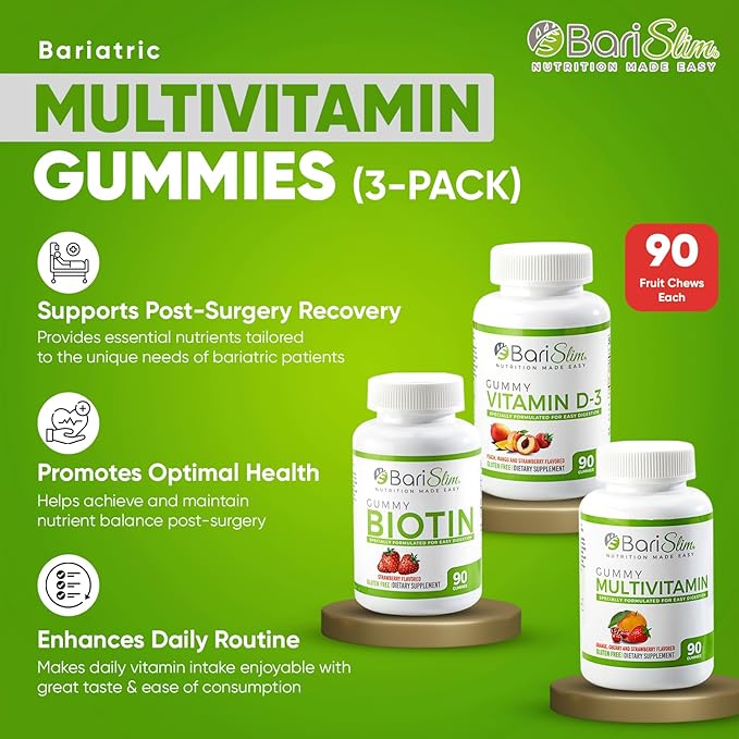 BariSlim Bariatric Multivitamin Gummies - Specially Formulated Gummy Vitamin for Patients After Weight Loss Surgery - Easy to Digest & Great Tasting Fruit Flavors | Pack of 3 (90 Fruit Chews)
