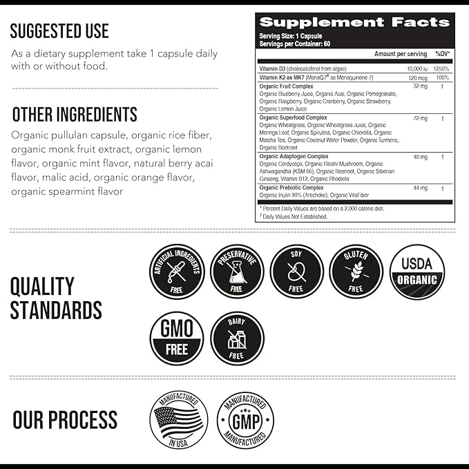 Organic Plant D3 + K2 | 10000 IU D3 + 120 mcg K2 as All-Trans MK7 from MenaQ7® - 100% Whole Food, Raw & Vegan | Enhanced Digestion with Prebiotic & Superfood Complex – D3 from Organic Algae (60 Count)
