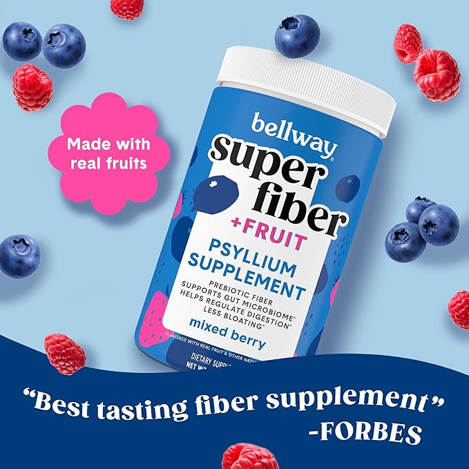 Bellway Super Fiber Powder + Fruit, Sugar Free Organic Psyllium Husk Powder Fiber Supplement for Regularity, Bloating Relief & Digestive Health, Plant-Based, Mixed Berry (50 Servings)
