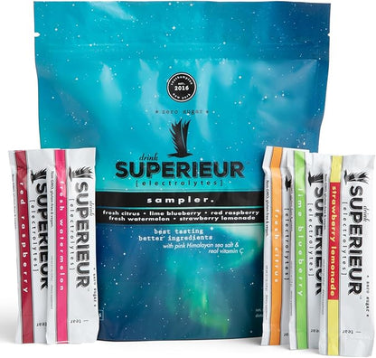 Superieur Electrolyte Powder Packets - Vegan Electrolyte Hydration Powder w/Sea Minerals - Keto Friendly, Non-GMO, Zero Sugar Electrolyte Supplement-Healthy Sports Drink -Sampler Pack (20 Packets)