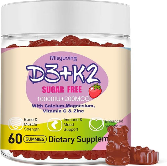 Vitamin D3 K2 Sugar-Free Gummies,Vitamin D3 10000 IU with K2 200mcg,VitaminC,Calcium,Magnesium,Zinc,Support for Bones,Joints,Muscles,Nerves,and Immune System (60, Strawberry)