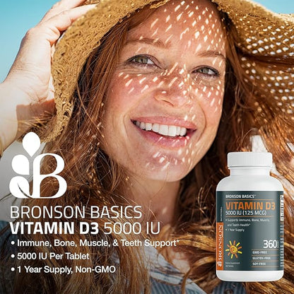 Bronson Vitamin D3 5000iu (125mcg) 1 Year Supply for Healthy Muscle Function and Immune Support, Non-GMO, 360 Tablets