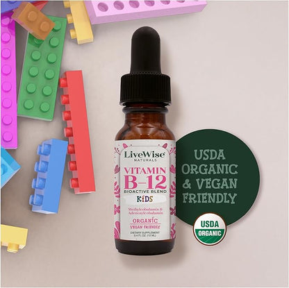 LiveWise Naturals Vitamin B12 Liquid Drops for Kids | Toddlers and Children I Methylcobalamin and Adenosylcobalamin | USDA Organic I Vegan | Non-GMO | Gluten Free | Low Dose