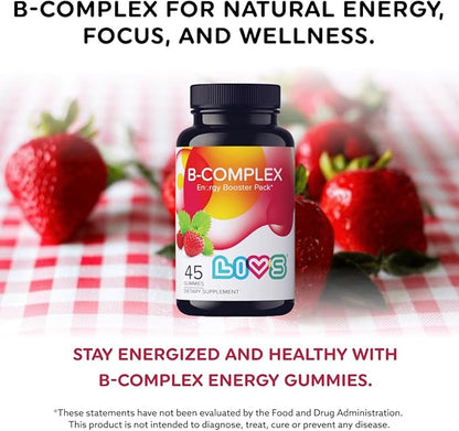 Vitamin B Complex Gummies with B12, Biotin, B3, B6 & Vitamin C for Kids & Adults | Energy, Support & Recovery Supplement | Promotes Mood, Metabolism & Nerve Function | Strawberry Flavor – 45 Ct