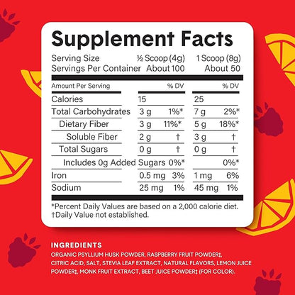 Bellway Super Fiber Powder + Fruit, Sugar Free Organic Psyllium Husk Powder Fiber Supplement for Regularity, Bloating Relief & Digestive Health, Plant-Based, Raspberry Lemon (50 Servings)