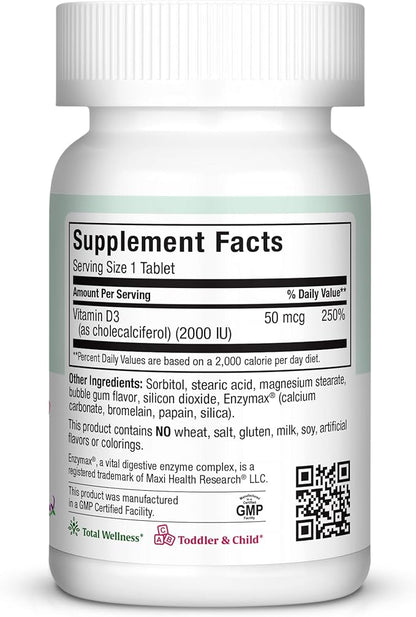Maxi Health Chewable Vitamin D3 2000 IU Supplement - Delicious Natural Bubble Gum Flavor - Supports Calcium Absorption, Immune and Bone Health in Adult Women, Men, Children & Toddlers - 100 Chews