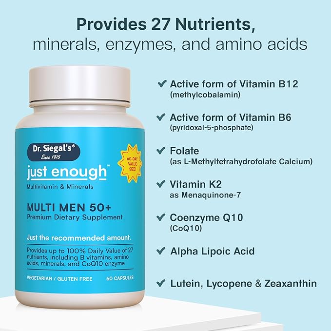 Dr. Siegal's Just Enough Multivitamins for Men 50 Plus - 60 Capsules - 60 Servings of Mens Multivitamins 50 Plus Capsules - Men's Daily Supplements for Men - Multivitamins for Men Over 50