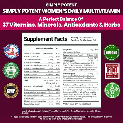 Multivitamin for Women, 37 Multi Vitamins with Minerals, Vitamins A C D E, Biotin, B12, Folate, Zinc, Magnesium, Calcium, Green Tea for Hair, Skin, Nails, Energy, Immune & Hormone Support, 60 Capsules