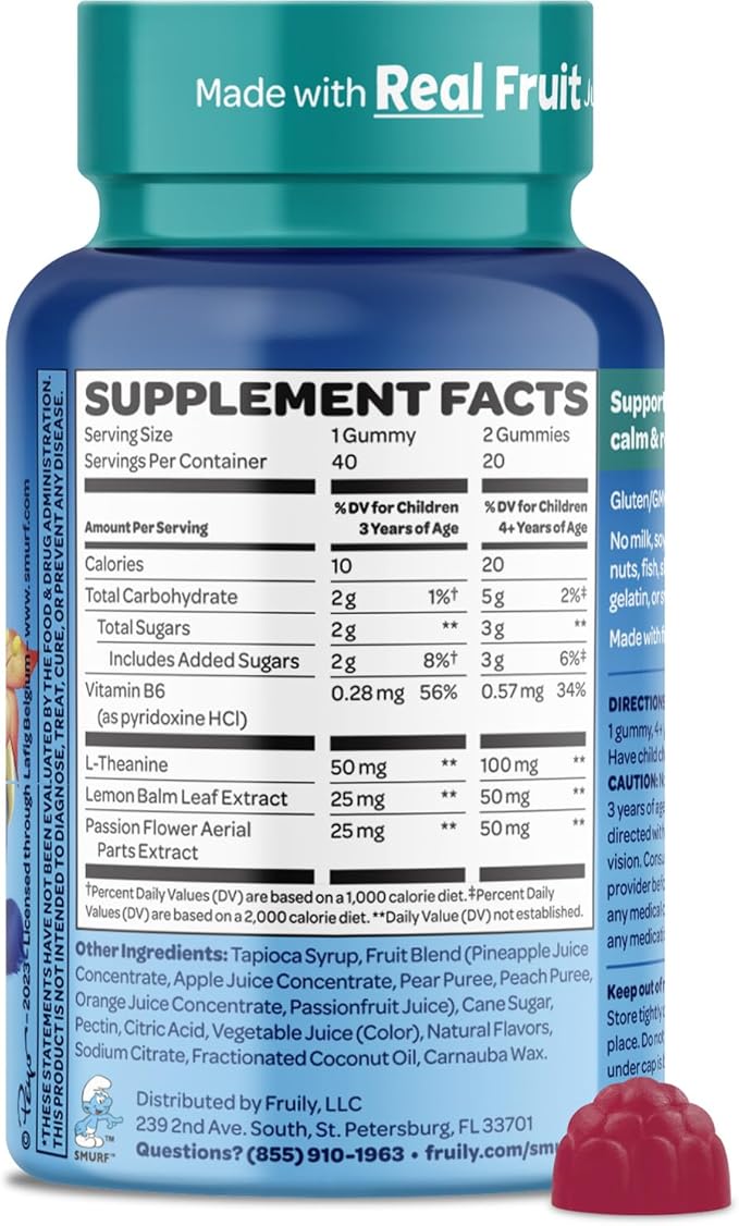 Smurfs Kids Calm Gummies | Calming Gummies for Kids with Lemon Balm & L Theanine | Made with Real Fruit | Doctor Developed | Gelatin Free Non-GMO No Artificial Flavors or Colors | 20 Servings