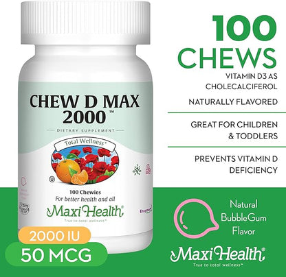 Maxi Health Chewable Vitamin D3 2000 IU Supplement - Delicious Natural Bubble Gum Flavor - Supports Calcium Absorption, Immune and Bone Health in Adult Women, Men, Children & Toddlers - 100 Chews