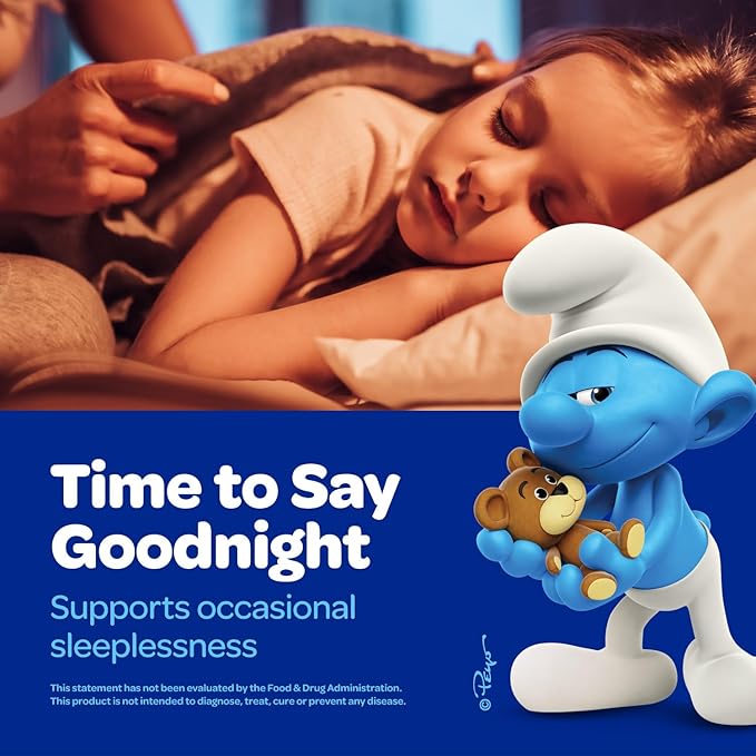 The Smurfs 1mg Melatonin Gummies for Kids with Chamomile & Lemon Balm for a Restful Sleep Age 3+ | Non-Habit Forming | Made with Real Fruit in a Smurf Berry | Doctor Developed | 100 Vegetarian Gummy