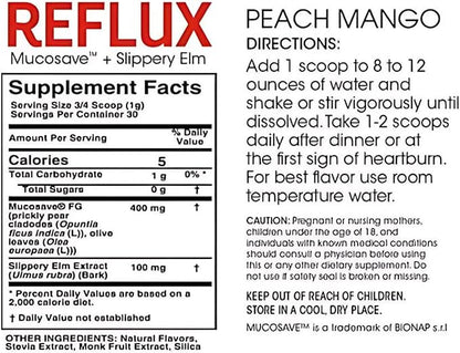 Reflux Digestive Supplement - Peach Mango Flavor - Each Tub = 30 Scoops = 30 Servings - Mucosal Support for Acid Issues - with Mucosave FG and Slippery Elm Bark (1 Tub)