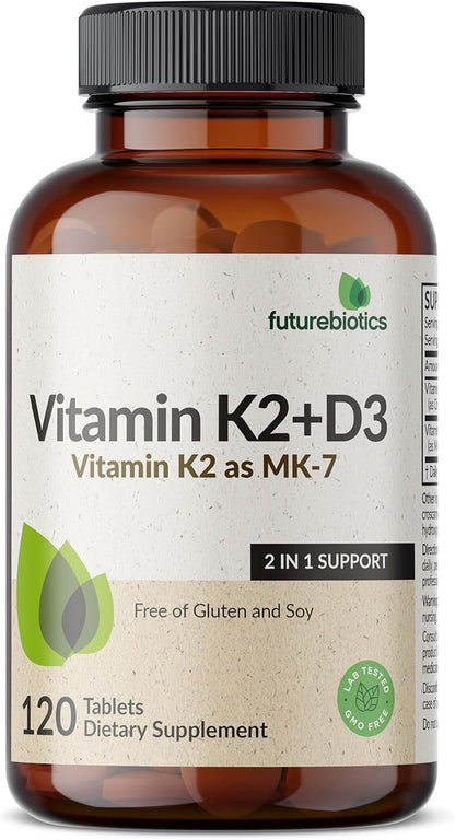 Futurebiotics Vitamin K2 with D3, 2 in 1 Support, 5000 IU Vitamin D3 & 90 mcg Vitamin K2 MK-7 Non-GMO, 120 Tablets