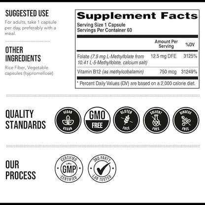L Methylfolate 7.5mg plus Methyl B12 - Active 5-MTHF Form, MTHFR Supplement - Bloodstream Ready Methylated Folate + B12 Cofactor - Supports Mood, Homocysteine Methylation, Cognition (60 Capsules)