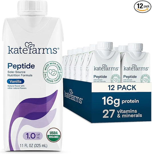KATE FARMS Organic Adult Peptide 1.0 Formula, Vanilla, Sole-Source, Hydrolyzed Plant-Based Nutrition for Oral or Tube Feeding, 11 Fl oz (12 Pack)