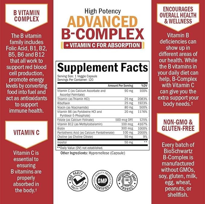 Vitamin B Complex with Vitamin C for Maximum Absorption - Methylcobalamin b12 & Folate Folic Acid Supplement - B1 B2 B3 B5 B6 B7 B9 for Immune Energy & Nervous System Support - Non-GMO, 120 count