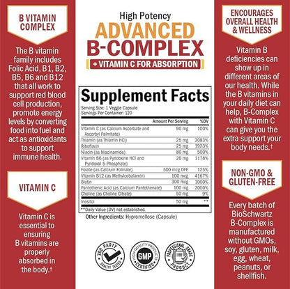 Vitamin B Complex with Vitamin C for Maximum Absorption - Methylcobalamin b12 & Folate Folic Acid Supplement - B1 B2 B3 B5 B6 B7 B9 for Immune Energy & Nervous System Support - Non-GMO, 120 count