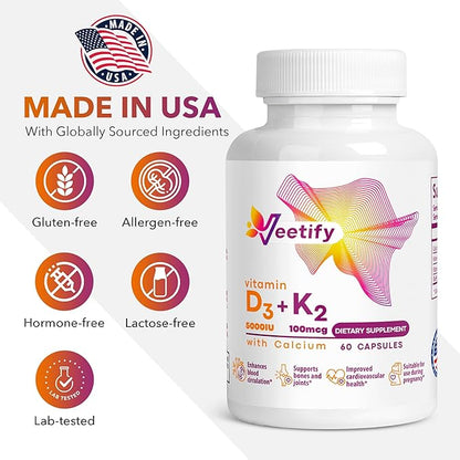 Vitamin D3 (5000 IU) and K2 (100 mcg) with Calcium - 60 Veggie Capsules