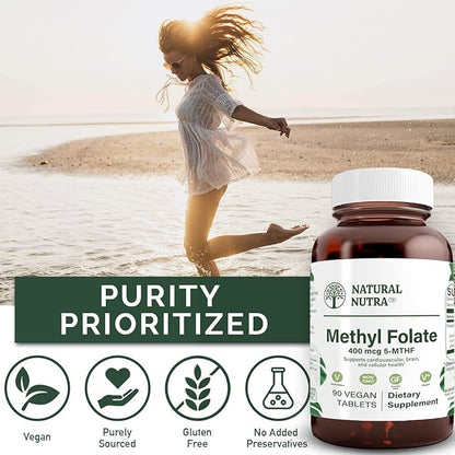 Natural Nutra Active Methyl Folate Supplement with Quatre folic, Support Heart & Body Health, Helps Brain Health, Improve Positive Vibes, Help Reduce Bone-Tired, B9, 90 Vegan Tablets (Pack of 3)