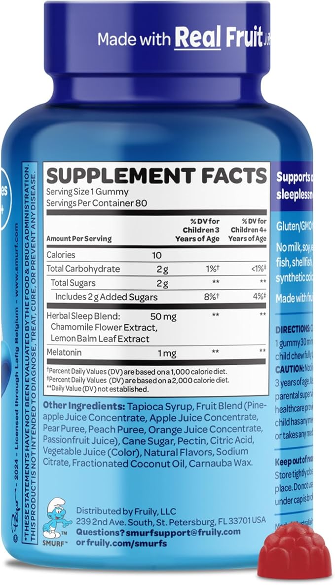 The Smurfs 1mg Melatonin Gummies for Kids with Chamomile & Lemon Balm for a Restful Sleep Age 3+ | Non-Habit Forming | Made with Real Fruit in a Smurf Berry | Doctor Developed | 100 Vegetarian Gummy