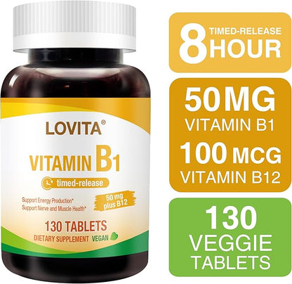 Lovita Vitamin B1 (Thiamine) 50mg, Timed Release, 8 Hours Sustained, with Vitamin B12 100mcg, Support Metabolism & Nerve Health, 130 Vegan Tablet