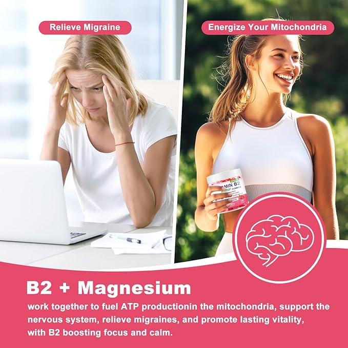 Vitamin B2 Gummies Riboflavin 400mg Supplement with Magnesium for Kids & Adults B2 Gummies for Migraine Relief, Headache Relief & Nervous System Support, Vegan, Sugar-Free, Raspberry Flavor 90 Count
