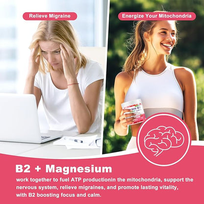 Vitamin B2 Gummies Riboflavin 400mg Supplement with Magnesium for Kids & Adults B2 Gummies for Migraine Relief, Headache Relief & Nervous System Support, Vegan, Sugar-Free, Raspberry Flavor 90 Count