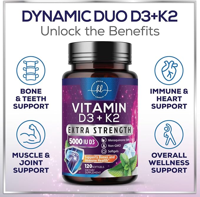 Vitamin D3 K2 - Vitamin D3 (5000 iu) & 100 mcg Vitamin K2 (MK-7) Complex for Immune Support & Bone, Teeth & Muscle Health - Easy to Swallow, Gluten Free, Non-GMO, Bottled in USA - 120 Softgels