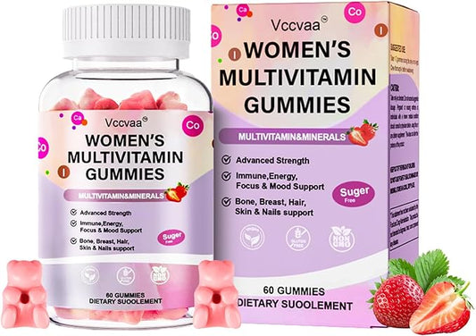 Sugar Free Multivitamin Gummies for Women 14+ with Iron, Inositol, Folate, Vitamins A C D3 E B12 K2, Herbal & Mineral Blend, Daily Vegan Gummy for Hair, Skin, Energy, Immune Support – 60 Count