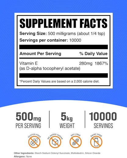 BulkSupplements.com Vitamin E 400 IU Powder - as D-Alpha Tocopherol, Nutritional Supplements - Gluten Free, 500mg per Serving, 5kg (11 lbs) (Pack of 5)