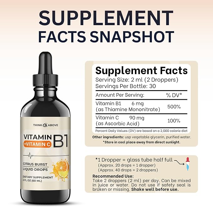 Vitamin B1 + Vitamin C Liquid Drops - Energy & Immune Support Supplement - 2 fl oz (60 ml) Pack of 2 - Fast Absorption, Easy-to-Use