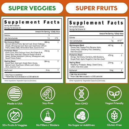 Fruits and Veggies Supplement Powerfull Blend of 39 Whole Fruits and Veggies, Fills Nutritional Gaps, Get Energy, Well-being. USA Made Non-GMO/Vegan/Gluten Free. Packaging May Vary (60 Day Supply)