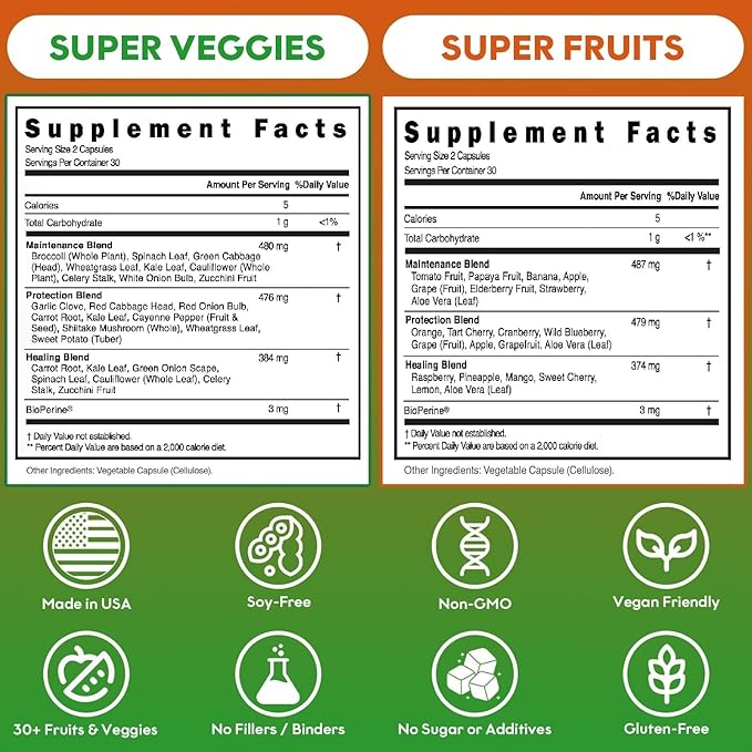 Fruits and Veggies Supplement (30 Day Supply) Powerfull Blend of 39 Whole Fruits and Veggies, Fills Nutritional Gaps, Get Energy, Well-being. USA Made Non-GMO/Vegan/Gluten Free. Packaging May Vary