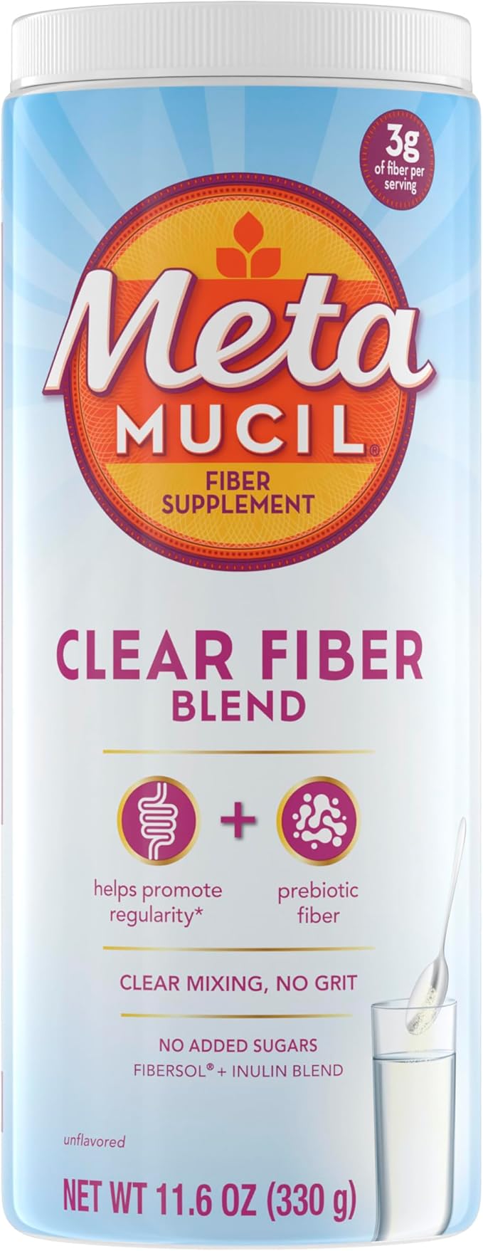 Metamucil Fiber Supplement, Unflavored Clear Mixing Powder, No Grit, No Sugar Added, Plant Based Prebiotic Fiber Supplement Blend for Daily Digestive Health, 75 teaspoons