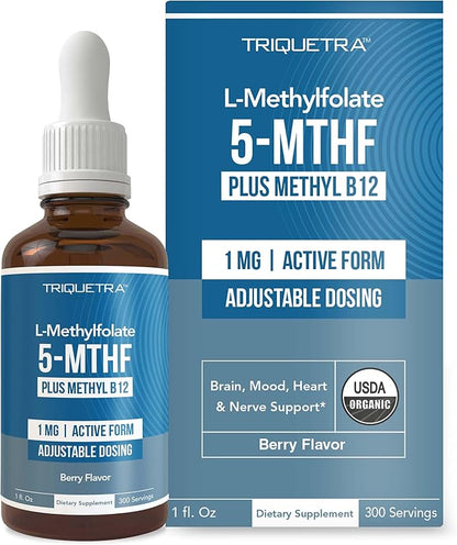 Organic Methyl Folate 1000 mcg + Methyl B12 Cofactor (300 Servings) – Metabolically Active 5-MTHF Form, Organic Berry Flavor, Liquid Sublingual Form – Mood, Cognition, Methylation, Pregnancy (1oz)