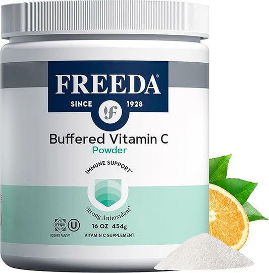 FREEDA Buffered Vitamin C Powder – Gentle on Stomach, Kosher & Vegan, High-Absorption Immune Support, Sugar-Free Calcium Ascorbate Antioxidant Supplement (16 oz)