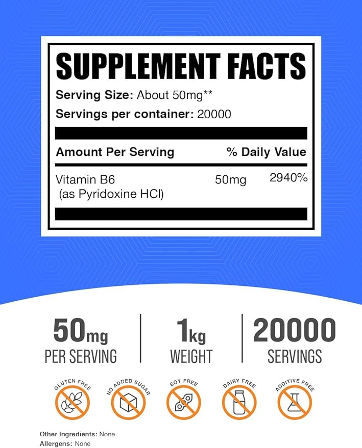 BulkSupplements.com Pyridoxine HCl Powder - Vitamin B6 Supplement, Vitamin Supplement - Gluten Free, 50mg of Pyridoxine B6 per Serving, 1kg (2.2 lbs) (Pack of 1)