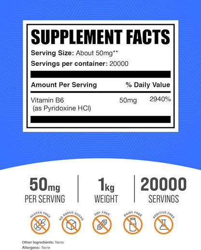 BulkSupplements.com Pyridoxine HCl Powder - Vitamin B6 Supplement, Vitamin Supplement - Gluten Free, 50mg of Pyridoxine B6 per Serving, 1kg (2.2 lbs) (Pack of 1)