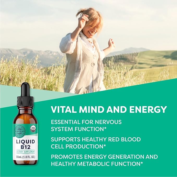 Vimergy Organic Liquid Vitamin B12 Supplement 2500 mcg, Methylcobalamin & Adenosylcobalamin Fast-Absorbing Energy Support USDA Organic, Vegan, Non-GMO B12 Vitamins for Women & Men 30 Serving (30 mL)