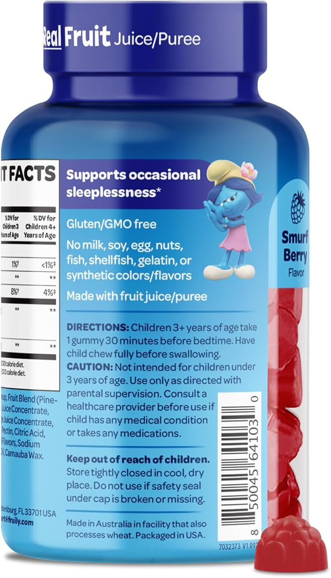 The Smurfs 1mg Melatonin Gummies for Kids with Chamomile & Lemon Balm for a Restful Sleep Age 3+ | Non-Habit Forming | Made with Real Fruit in a Smurf Berry | Doctor Developed | 100 Vegetarian Gummy