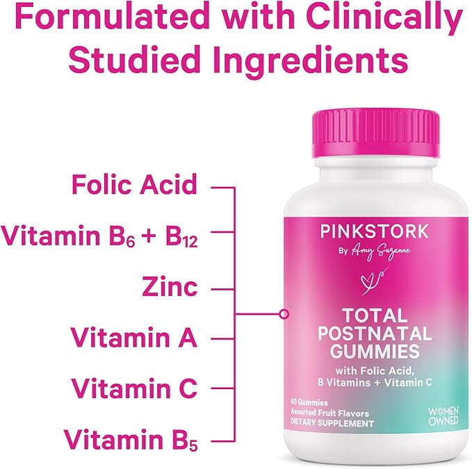 Pink Stork Total Postnatal Vitamin Gummies - Multivitamin for Postpartum Recovery and Lactation Support - Folic Acid, B6, & Vitamin C - Breastfeeding Essentials - 60 Gummy Vitamins