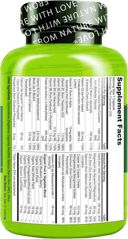 NATURELO Mens Multivitamins - One Daily Multivitamin for Men with Vitamins, Minerals & Organic Whole Foods, Boost Energy & Health, Non-GMO, 240 Vegetarian Capsules